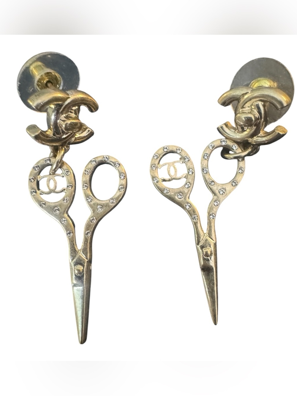 Chanel Crystal Turnlock Scissor CC Drop Earrings